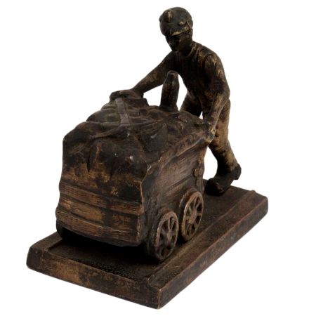 Brass Miner Statue  Pushing Coal On Wooden Plinth