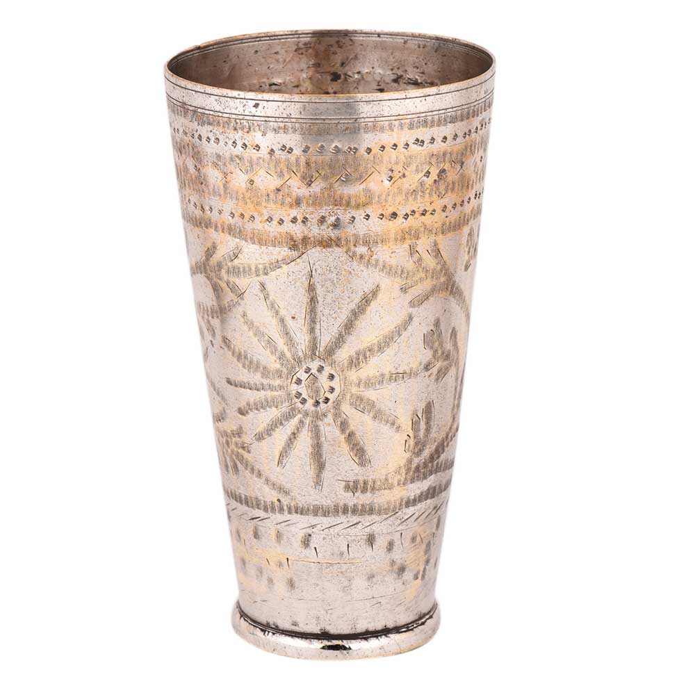 Brass Lassi Glass Floral Design In Circular Ring of Carved Leaves