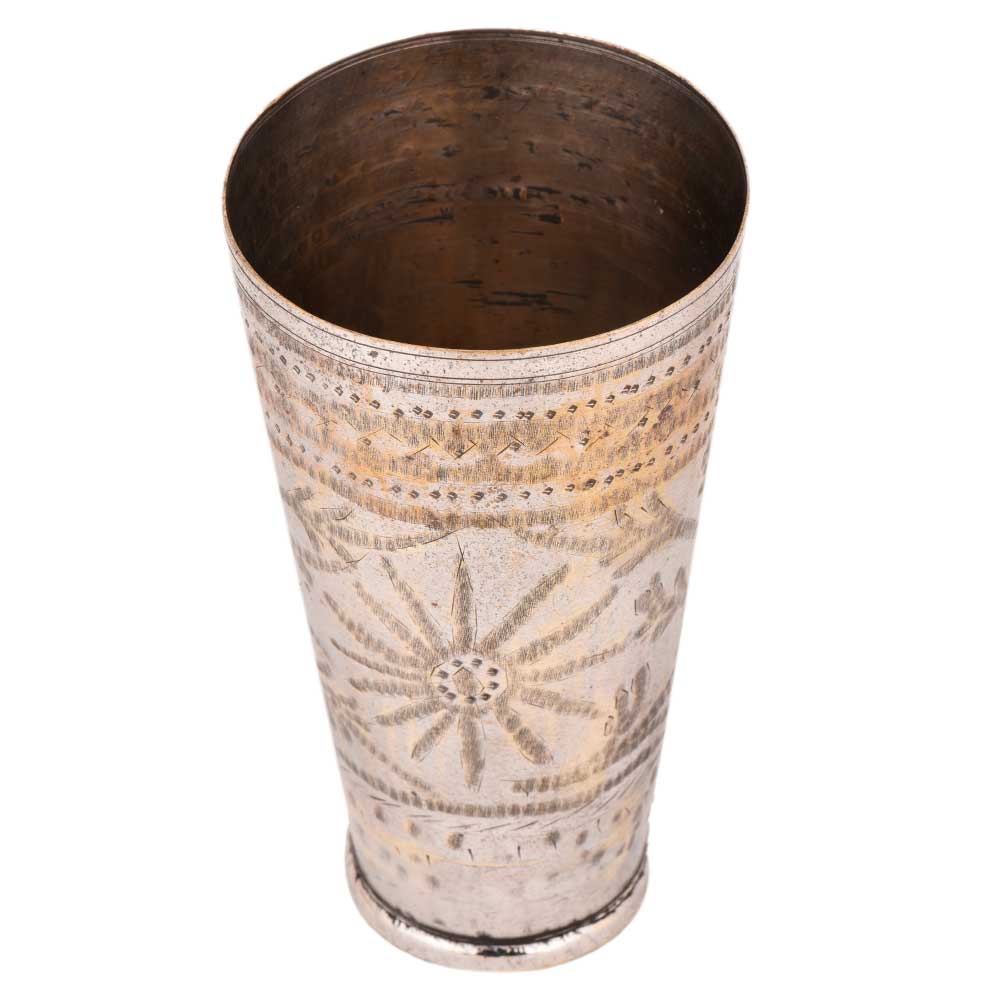 Brass Lassi Glass Floral Design In Circular Ring of Carved Leaves