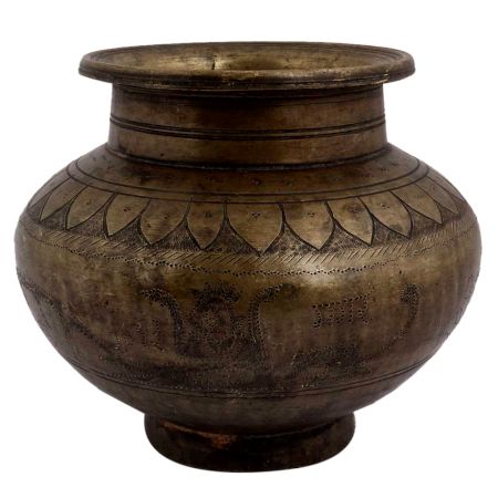 Brass Holy Water Pot With God Image And Floral Border