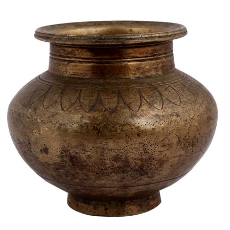 Old Brass Pot With Faded Design Used For Worship