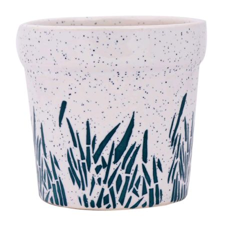 White Ceramic Pot For Indoor Plants With Hand Painted Leaves
