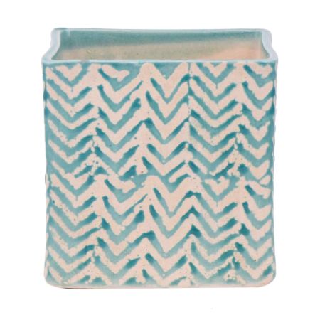 Square Ceramic Pot With Blue Chevron Zig Zag Pattern