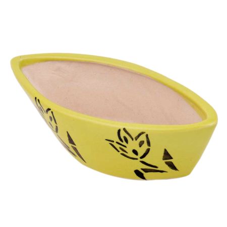 Oval Shape Yellow Ceramic Pot With Hand painted Black Flowers