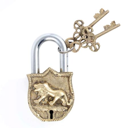 Tiger Engraved Design Brass Padlock Door Lock  With 2 Keys