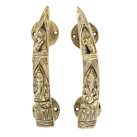 Brass Tusker Style Door Handles Carved With Lord Ganesha In Pair