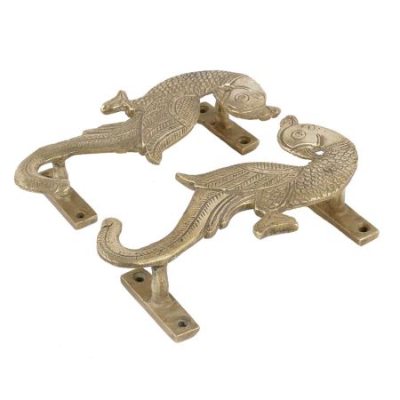 Handmade Golden Brass Door Handles With Parrots In Pair
