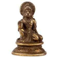 Handmade Golden Brass Hanuman Statue Sitting with Club