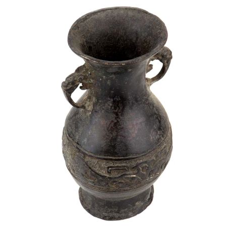 Handmade Dark Patina Asian Brass Vase With Decorative Handles
