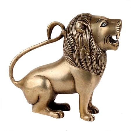 Handmade Antique Golden Brass Sitting Lion Statue