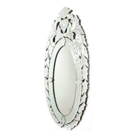 Handmade Silver Glass Oval Venetian Mirror With Carved Frame