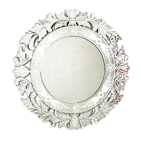 Handmade Silver Glass Round Floral Frame Etched Venetian Mirror