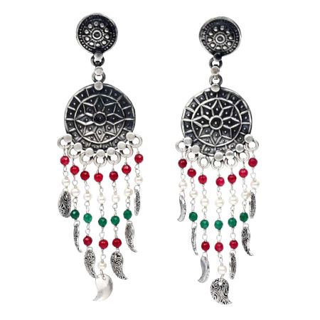 Handmade Oxidized Silver Fringe Earrings With Flowers and Stones