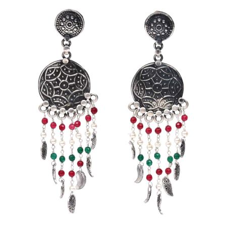 Handmade Oxidized Silver Long Drop Dangle Earrings Embellished With Red And Green Beads
