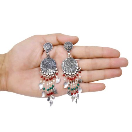 Handmade Oxidized Silver Long Drop Dangle Earrings Embellished With Red And Green Beads