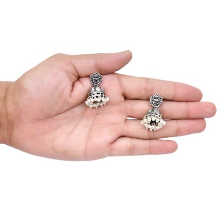 Handmade Oxidized Silver Goddess Durga Face Jhumki Earrings With Stones