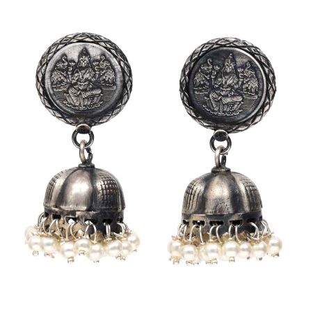 HandmadeÂ Oxidised Silver Laxmi On Coin Dome Shaped Jhumkas With Pearl Beads