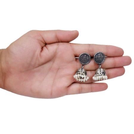 HandmadeÂ Oxidised Silver Laxmi On Coin Dome Shaped Jhumkas With Pearl Beads