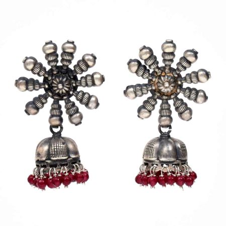 Handmade Oxidized Silver With Sun design Stud Jhumka Jhumki EarringsÂ With Red Beads
