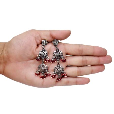 Handmade Oxidized Silver Floral Design Red Stone Dangle Earrings for Women and Girls