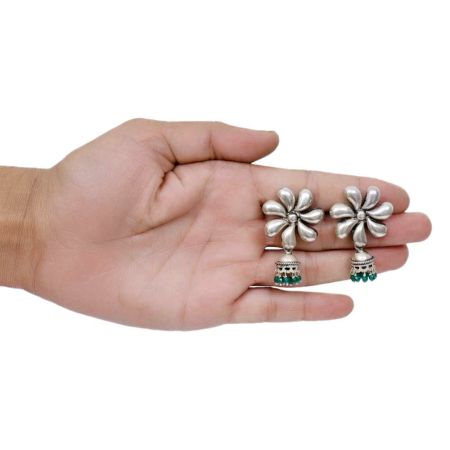 Handmade Oxidized Silver Jhumki With Big Flower Stud With Green Bead Hangings