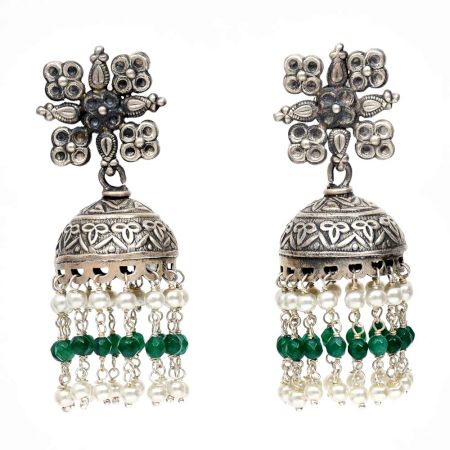 Handmade Oxidized Silver Jhumkis Earring With White Pearl Long Tassel