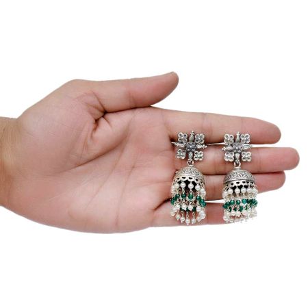 Handmade Oxidized Silver Jhumkis Earring With White Pearl Long Tassel