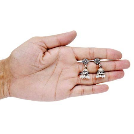 Handmade Oxidized Silver Pearl Floral Stud Jhumki Jhumka Earring