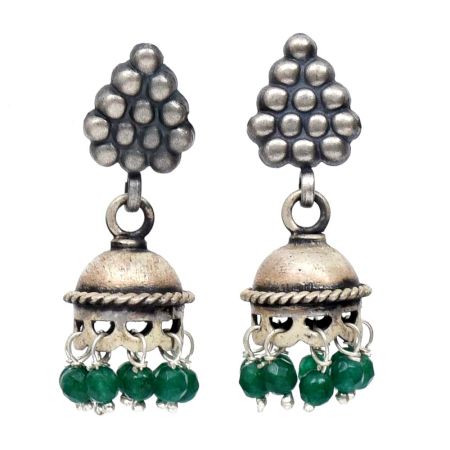 Handmade Oxidized Silver Jhumki Earrings  Grape Cluster And Green Bead Hanging