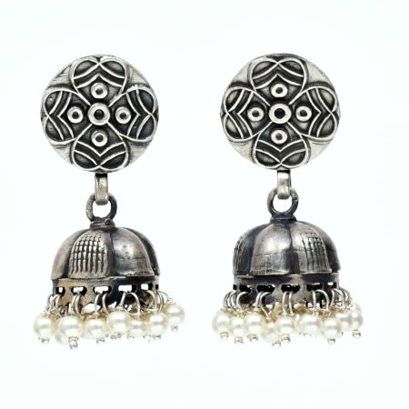 Handmade Oxidized Silver Round Engraved  Jhumki Earrings With Pearl Hangings