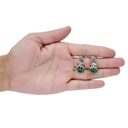 Handmade Oxidized Silver Jhumki Earring For Women With Engraved  Floral Stud And Green Beads