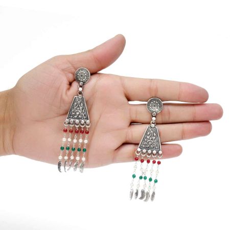 Handmade Oxidized Silver Tassel EarringsÂ With Red And Green Beads