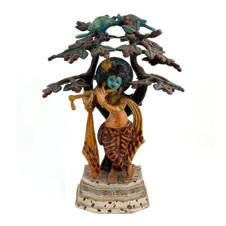Flute-playing Lord Krishna Under The Brass Hand-sculpted Tree