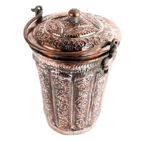 Handmade Brown Copper Floral Design Engraved Bucket And Lid