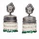Handmade Oxidized Silver Goddess Face Drum Jhumkis With Pearl And Green Bead Tassels