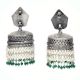 Handmade Oxidized Silver Goddess Face Drum Jhumkis With Pearl And Green Bead Tassels