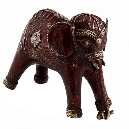 Brass Tribal Standing Elephant With Intricate Detailing In Gold