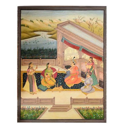 Mughal Canvas Painting Of Munhall Emperor With  His Consorts