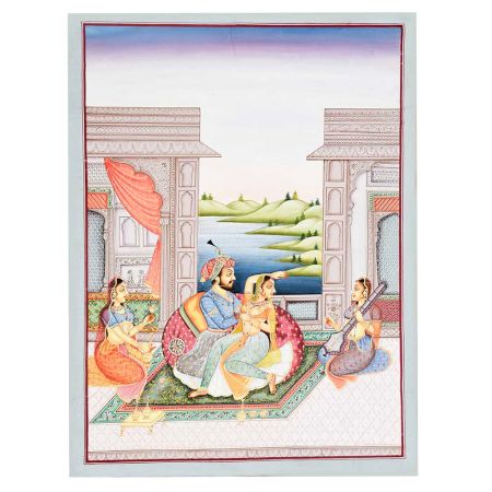 Handmade Canvas Painting of Mughal Emperor In Open Terrace Harem Court