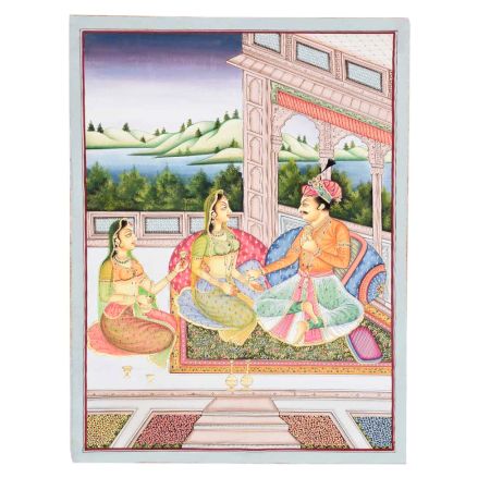 Handmade Canvas Painting of Mughal Emperor With Queens And Wine
