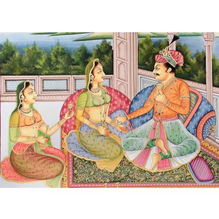 Handmade Canvas Painting of Mughal Emperor With Queens And Wine