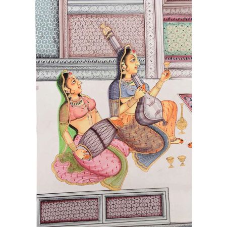 Handmade Canvas Mughal Painting Of Royal Couple Romantic Scene