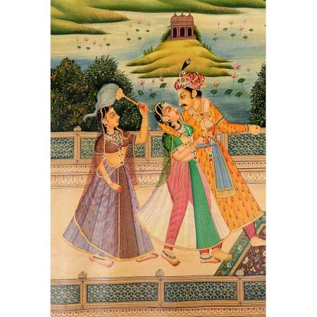 Hand painted Art Canvas Mughal Painting Of King And Queen Enjoying Wine