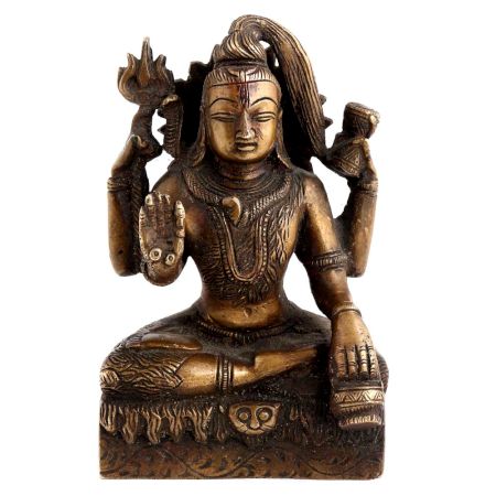 Handmade  Brown Brass Shiv Murti Statue Sitting on Tiger with Trishul and Damru