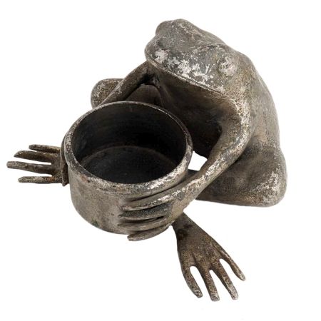 Handmade Black Brass Frog Holding Small Planter