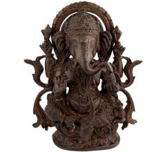 Handmade Brown Brass Sitting Ganesha Statue With Intricate Design