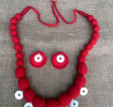 Red Fabric Beaded Neckpiece With Earrings Set ( Single Layer)