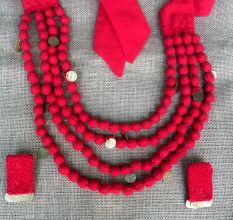 Red Fabric Beaded Neckpiece With Earrings Set