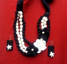 Black And White Fabric Beaded Neckpiece With Earrings Set
