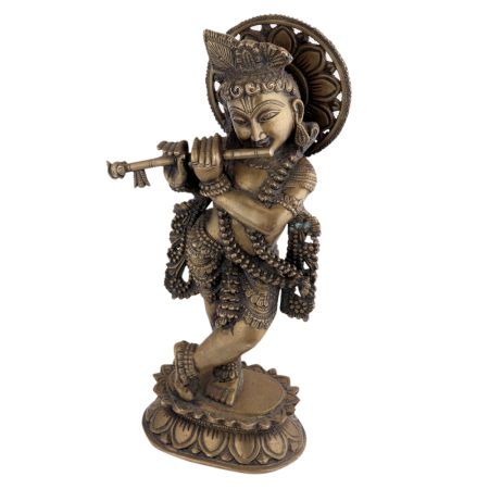 Handmade Brown Brass Standing Murli Krishna Statue With Intricate Design